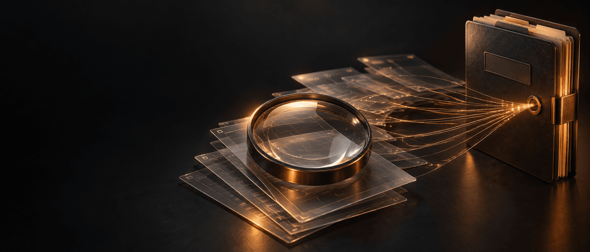 Conceptual lens, blank evidence sheets and archival dossier. No real person or result is depicted.